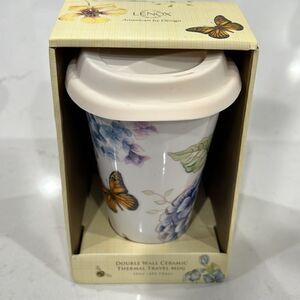 NEW Lenox Butterfly Meadow dbl walled ceramic thermal travel mug 12oz.